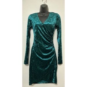 Gianni Bini Emerald Velvet Dress XS Long Sleeve Ruched Asymmetrical Hem Holiday